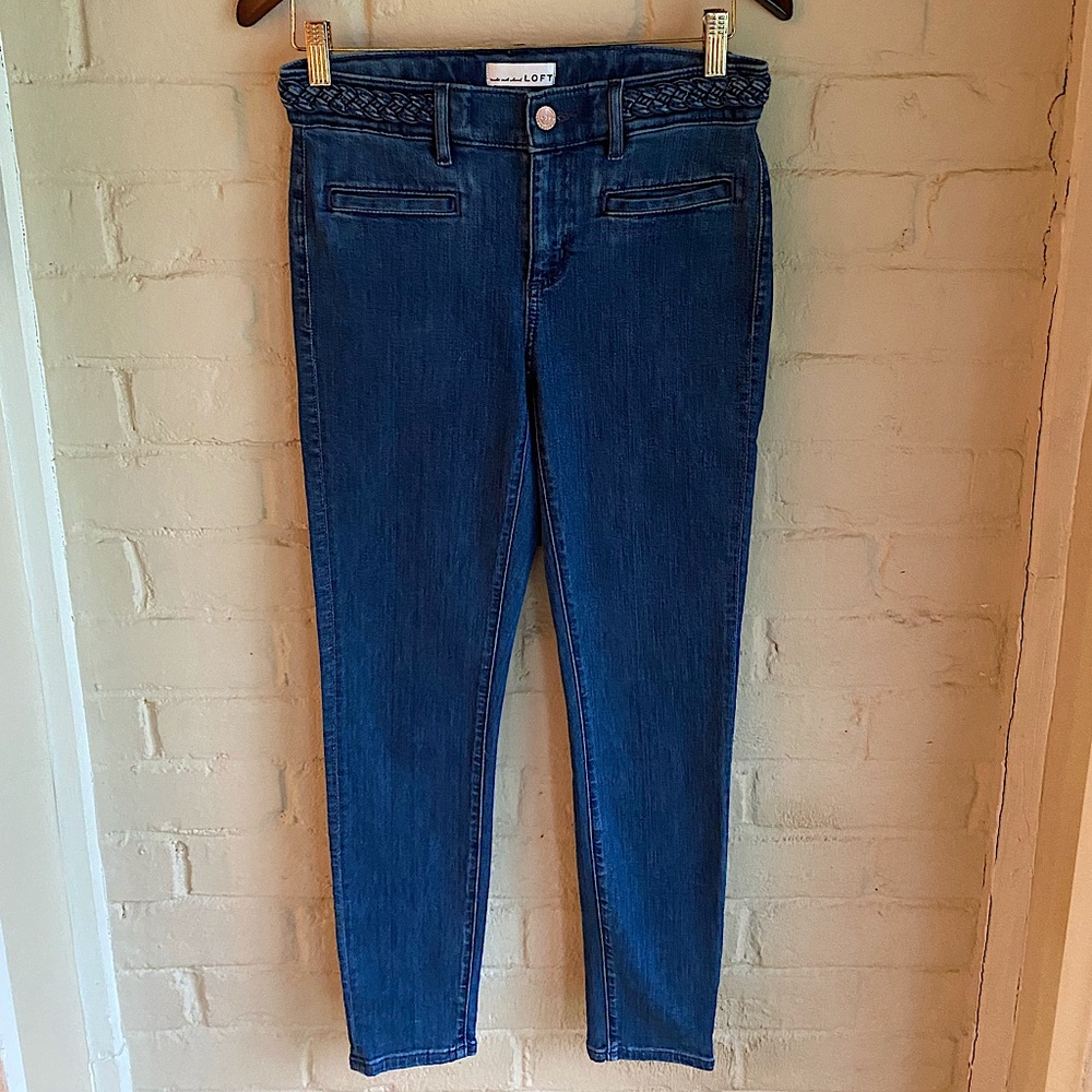 Ann Taylor LOFT sz 2 26 modern skinny comfy boho braided waist blue denim